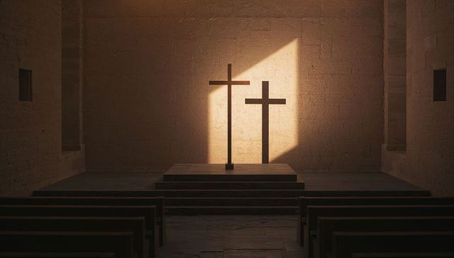 Serene chapel with sunlit wooden crosses