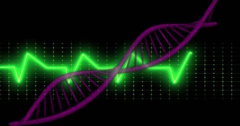 DNA Strand with Futuristic Grid and Data Pulse Display