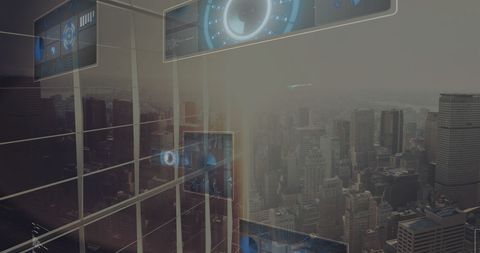 Digital Data Interface Over City Skyline with Futuristic Displays