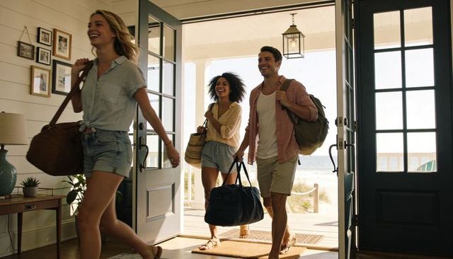 Friends arriving at beach house carrying luggage on sunny coastal weekend getaway