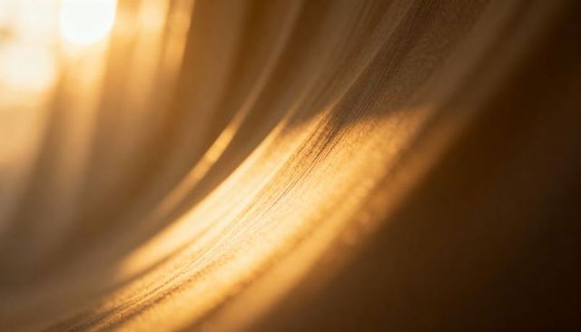 Golden curtain fabric catching warm backlight, macro weave texture and flowing folds
