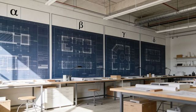 Architecture studio with large greek-letter blueprints and wooden drafting tables