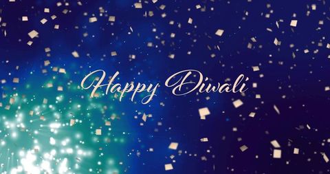 Happy diwali elegant gold script greeting with teal light burst and floating gold confetti