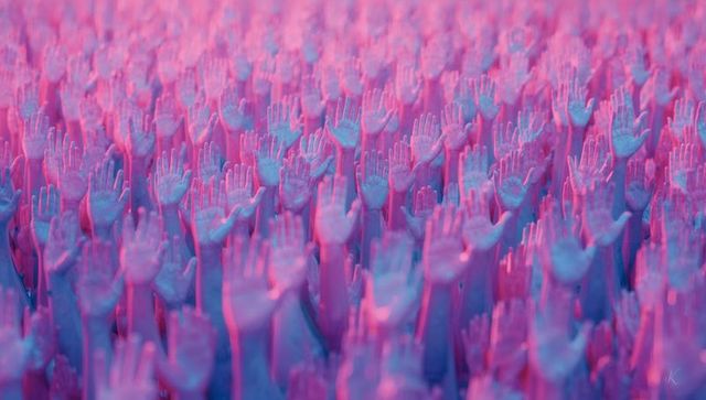 Vibrant resin hands installation with dreamy lighting