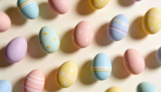 Pastel Polka Dot Easter Eggs Casting Soft Long Shadows on Cream Backdrop Flatlay
