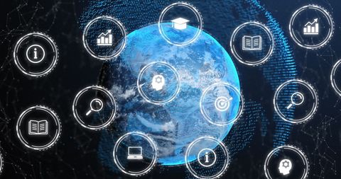 digital icons surrounding globe in connectivity and globalization concept - Download Free Stock Images Pikwizard.com