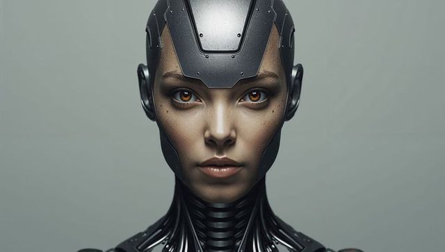 Humanlike android portrait with amber eyes and futuristic metallic plating closeup