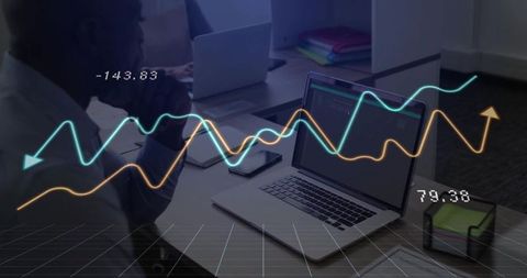 Business Professional Analyzing Data with Dynamic Line Graph Overlay