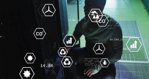 Digital Interface in Server Room with Environmental Icons