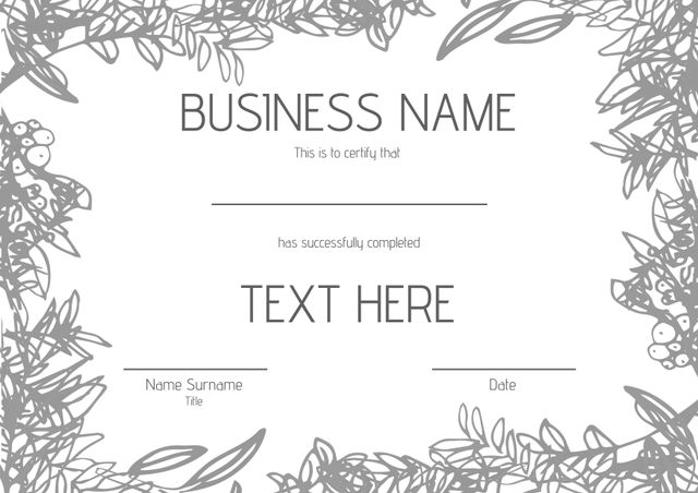 This elegant certificate template features a sophisticated botanical border, suitable for various recognitions. Perfect for awards, achievements, and professional recognitions, the customizable placeholders for name, title, and date make it versatile and practical. Ideal for businesses and organizations wishing to present formal recognitions in a stylish manner.
