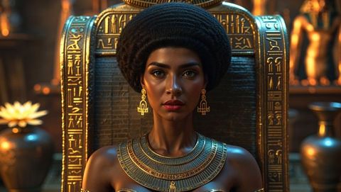 Regal middle eastern cleopatra queen on ornate thrones in ancient temple