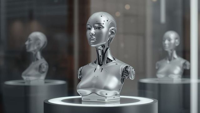 Chrome humanoid bust on illuminated pedestal showing futuristic ai exhibit in gallery