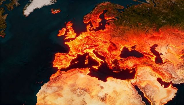 Thermal map of europe and north africa showing intense heatwave, climate warming impact