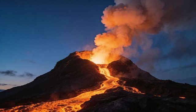Erupting volcanic cone pouring molten lava down steep slopes at dusk glowing ash plume