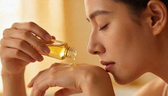 Asian woman pouring facial oil and inhaling scent during serene spa skincare ritual