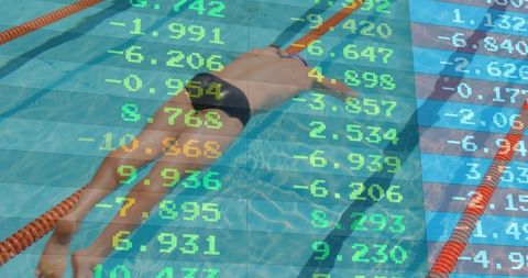 Swimmer in lap pool with financial digital overlay symbolizing performance
