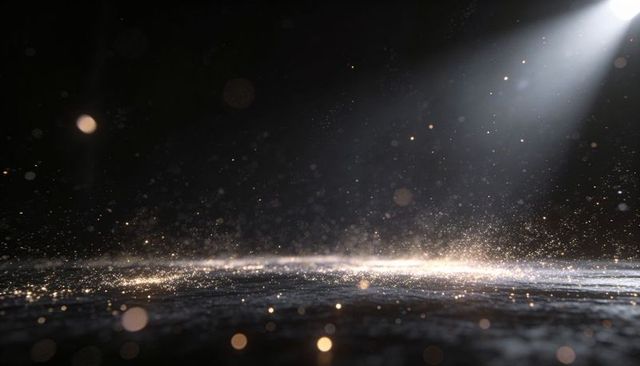 Spotlight revealing floating glitter band, dust motes and cinematic haze with glowing bokeh