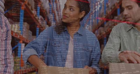 Warehouse team packing boxes with redacted data overlay representing inventory logistics