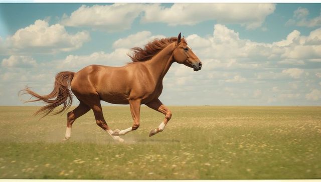 Galloping chestnut horse across sprawling grassland under cloudy sky