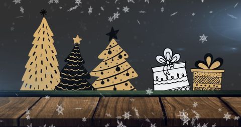 Festive Christmas Trees and Presents with Falling Snow