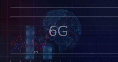 Displaying 6G Wireframe Globe with Analytics Graphs on Digital Network Dashboard