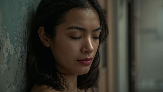 Contemplative woman leaning by window with closed eyes, soft natural light, peeling wall