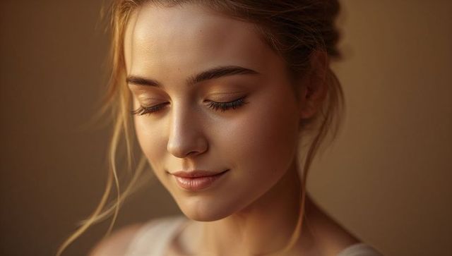Serene closeup portrait of woman with closed eyes bathed in warm golden light headshot