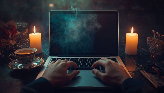 Hands typing on laptop with smoky mystery in candlelit ambience