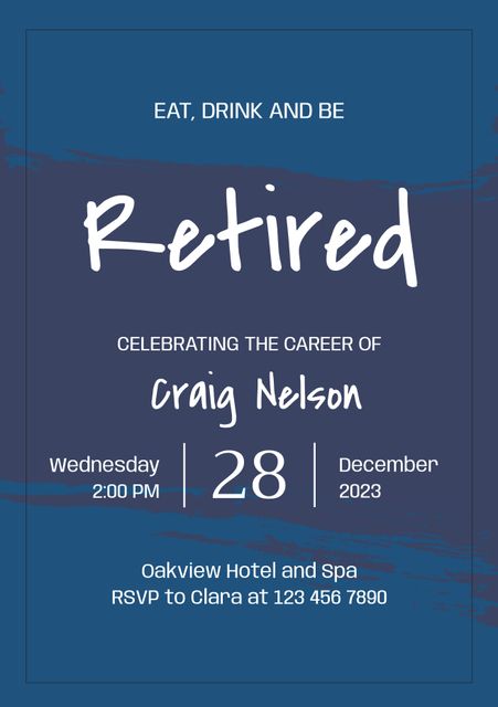 Elegant blue themed retirement party invitation with bold text, perfect for celebrating career milestones. Ideal for formal events, and farewell parties. Suitable for professional and personal use, emphasizing date, time, and location.