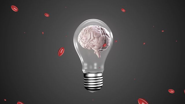 Conceptual digital artwork showcasing an illuminated light bulb containing a brain with rugby balls floating around. Ideal for illustrating innovative ideas, creativity, technology integration in sports, concepts of intelligence in sports strategy, or posters and advertisements focusing on rugby in Wales.