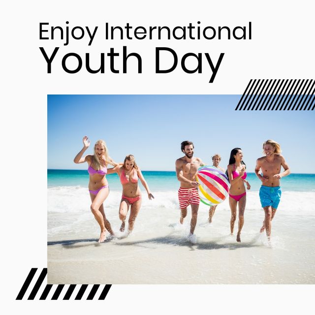 Composite of enjoy international youth day text and caucasian young friends running at beach. copy space, nature, togetherness, enjoyment, vacation, celebration, cultural and legal issues awareness.