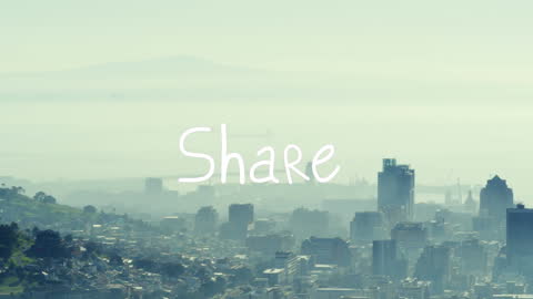 Modern Urban Skyline in Smoggy Atmosphere with Share Icon