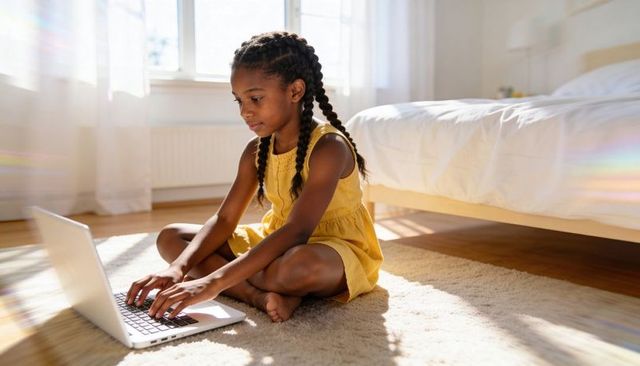 School-age girl studying on laptop in sunlit bedroom wearing yellow dress, remote learning
