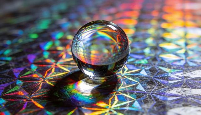Crystal sphere casting rainbow refractions over holographic geometric metallic patterned surface