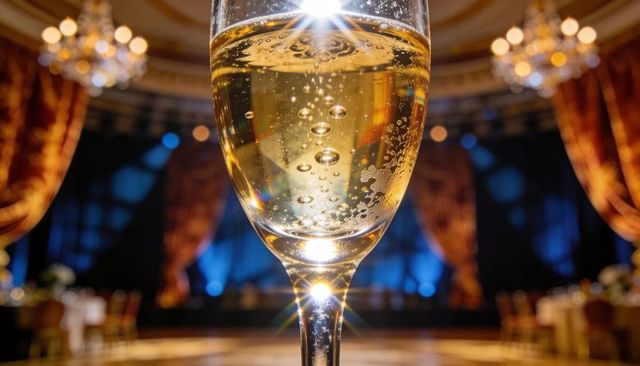 Sparkling champagne toast in opulent ballroom with bokeh chandeliers and golden bubbles
