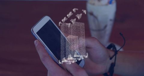 Projecting 3d holographic data tower from smartphone held by male hands for ar interface