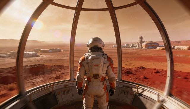 Astronaut surveying mars colony from glass observatory dome with habitats, towers at sunset