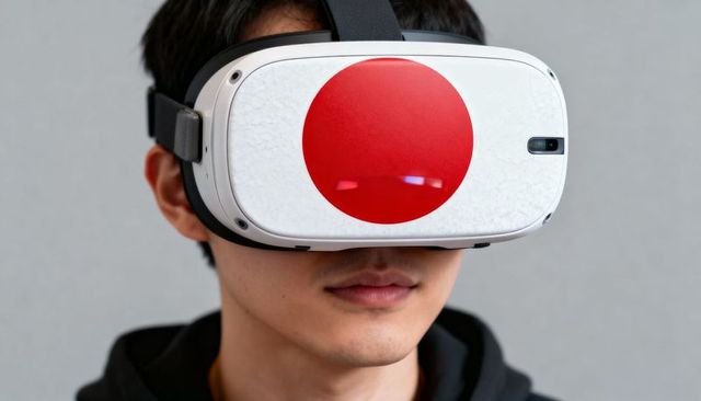Asian male wearing vr headset with japanese flag decal closeup portrait for tech use