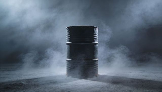 Standing rusty steel drum casting long shadow in foggy industrial warehouse with spotlight