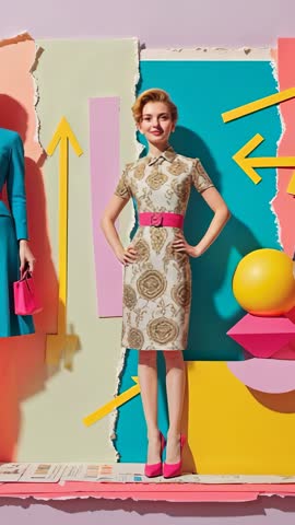 Vertical Fashion Video: Model Entering Frame, Posing in Retro Dress with Pink Belt