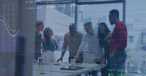 Team Brainstorming at Office with Global Economic Data Overlay