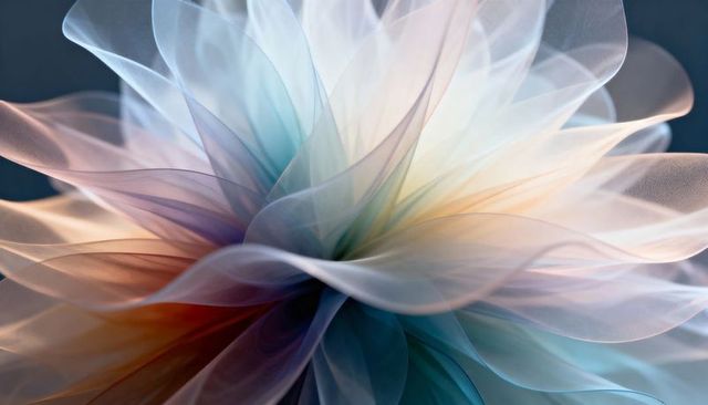 Unfolding translucent petals with iridescent glow and soft rim light abstract floral sculpture