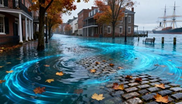 Historic harbor flooding, glowing cyan currents swirling over cobblestone street, fallen leaves