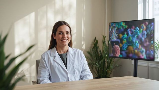 Smiling female scientist in lab coat at desk with virus research monitor and plants