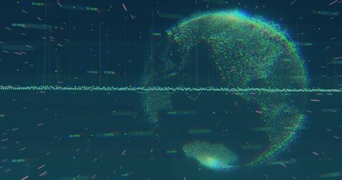 Neon Point-Cloud Globe Rotating with Digital Waveform, Data Streams and Holographic Trails