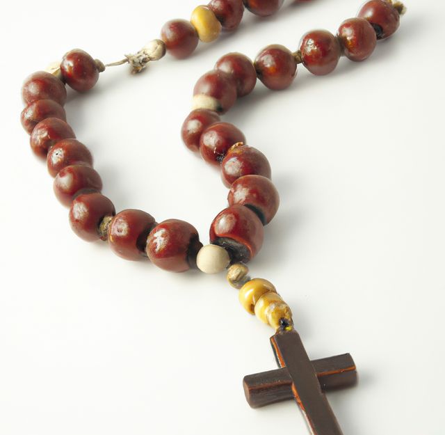 Close-up view of a handcrafted prayer rosary with a wooden cross and beads on a white background. Could be used in religious articles, spiritual and faith-based content, or for illustrating devotion and traditional craftsmanship.