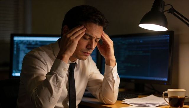 Stressed programmer rubbing temples working late night at dual monitors with coffee cup