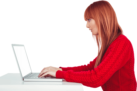 Transparent woman entertained by laptop with intense focus