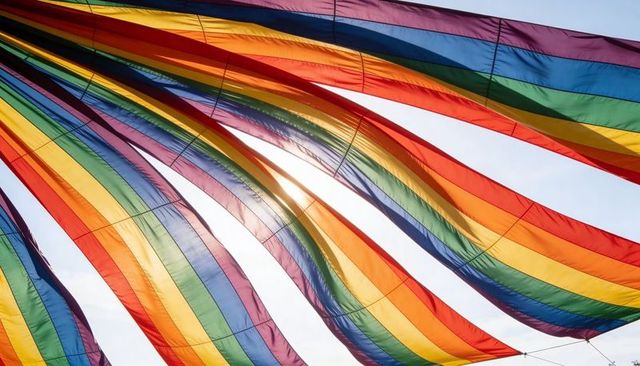 Vibrant rainbow streamers flowing over plaza with sun flare, translucent diagonal ribbons