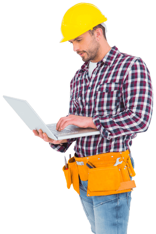 confident handyman with laptop on transparent background - Download Free Stock Videos Pikwizard.com